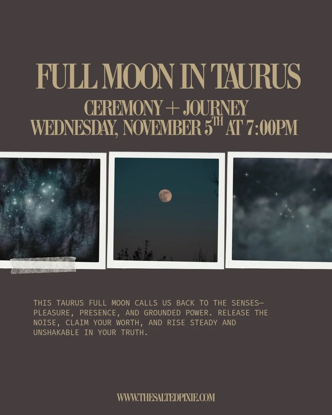 🌕 Full Moon in Taurus &mdash; Ceremony + Journey
Wednesday, November 5 at 7 PM

This Taurus Full Moon calls us home to the body &mdash; to pleasure, presence, and grounded power.
It invites us to slow down, soften, and remember that abundance begins