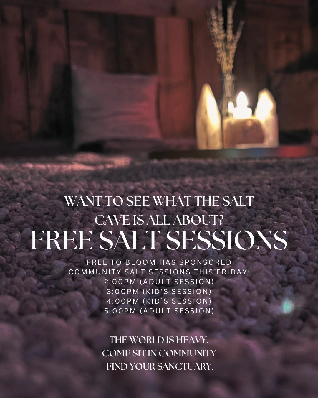 ✨ Free Community Salt Sessions &mdash; This Friday ✨

The world is heavy &mdash; and you don&rsquo;t have to hold it alone.
Come sit in community, breathe deeply, and let yourself be cared for.

Our friends at Free to Bloom have generously sponsored 