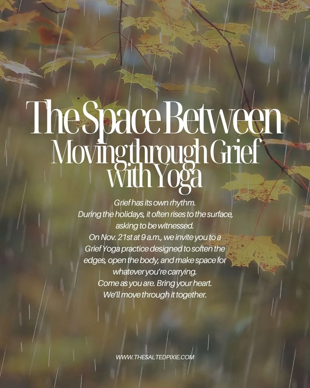At this time of year, so many of us are holding joy and grief in the same hands.

If your heart feels tender, we&rsquo;ve created a space for you.

Join us this Friday, November 21st at 9 a.m. for Grief Yoga with Mindy Mordan Hill&mdash;a slow, nurtu