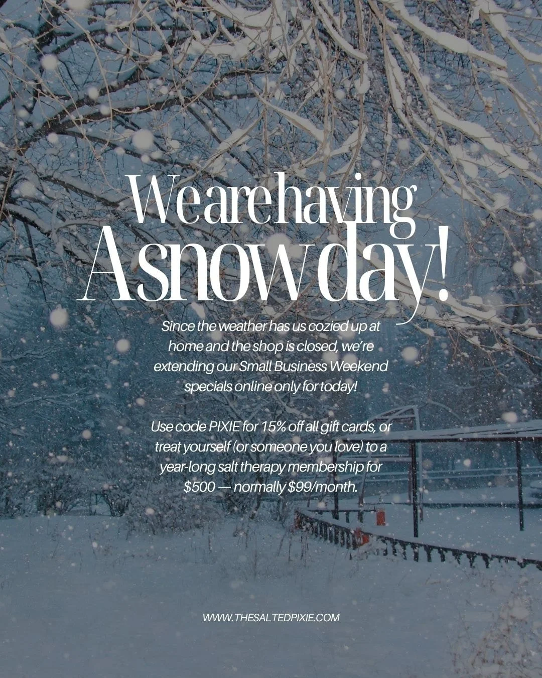 Snow day, Pixies! ❄️✨

Since the weather has us cozied up at home, we&rsquo;re keeping the Small Business Weekend going online only for today.

Use code PIXIE to get 15% off all gift cards, or grab a year-long salt therapy membership for $500 (normal