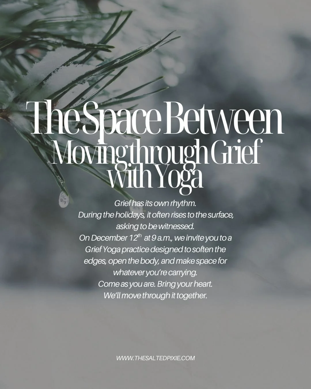 Grief has its own rhythm.

 During the holidays, it often rises to the surface, asking to be witnessed.

On December 12th  at 9 a.m., we invite you to a Grief Yoga practice designed to soften the edges, open the body, and make space for whatever you&