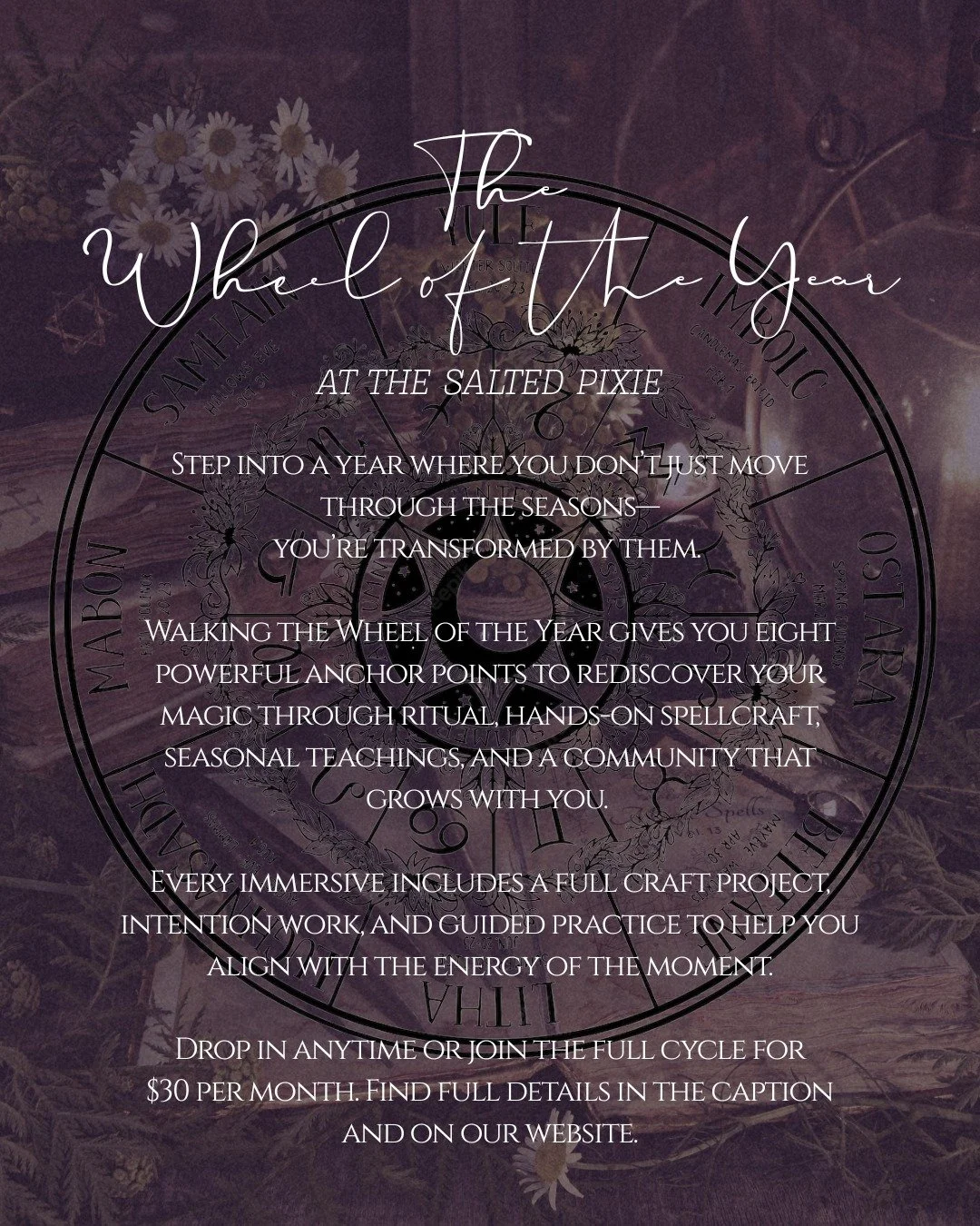 Membership closes January 25th!

✨ A year-long journey of ritual, creativity, and seasonal magic ✨

The Wheel of the Year is an ancient earth-honoring calendar made up of eight festivals &mdash; moments where time seems to pause and open a threshold.