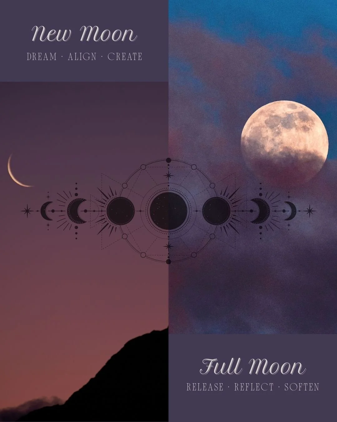 Full Moon vs. New Moon
What&rsquo;s the difference &mdash; and why does it matter?

🌕 Full Moon = Release
The full moon represents culmination. Emotions and awareness tend to feel heightened, making it an ideal time to reflect, process what&rsquo;s 