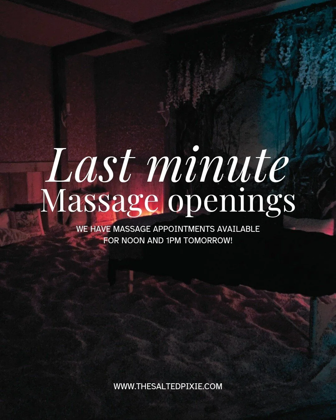 A few massage appointments unexpectedly opened up for tomorrow!

These rarely last long, so if you&rsquo;ve been needing some time to relax and reset, now&rsquo;s your chance.

Reserve your spot at
www.thesaltedpixie.com/booknow⁠
or send us a message