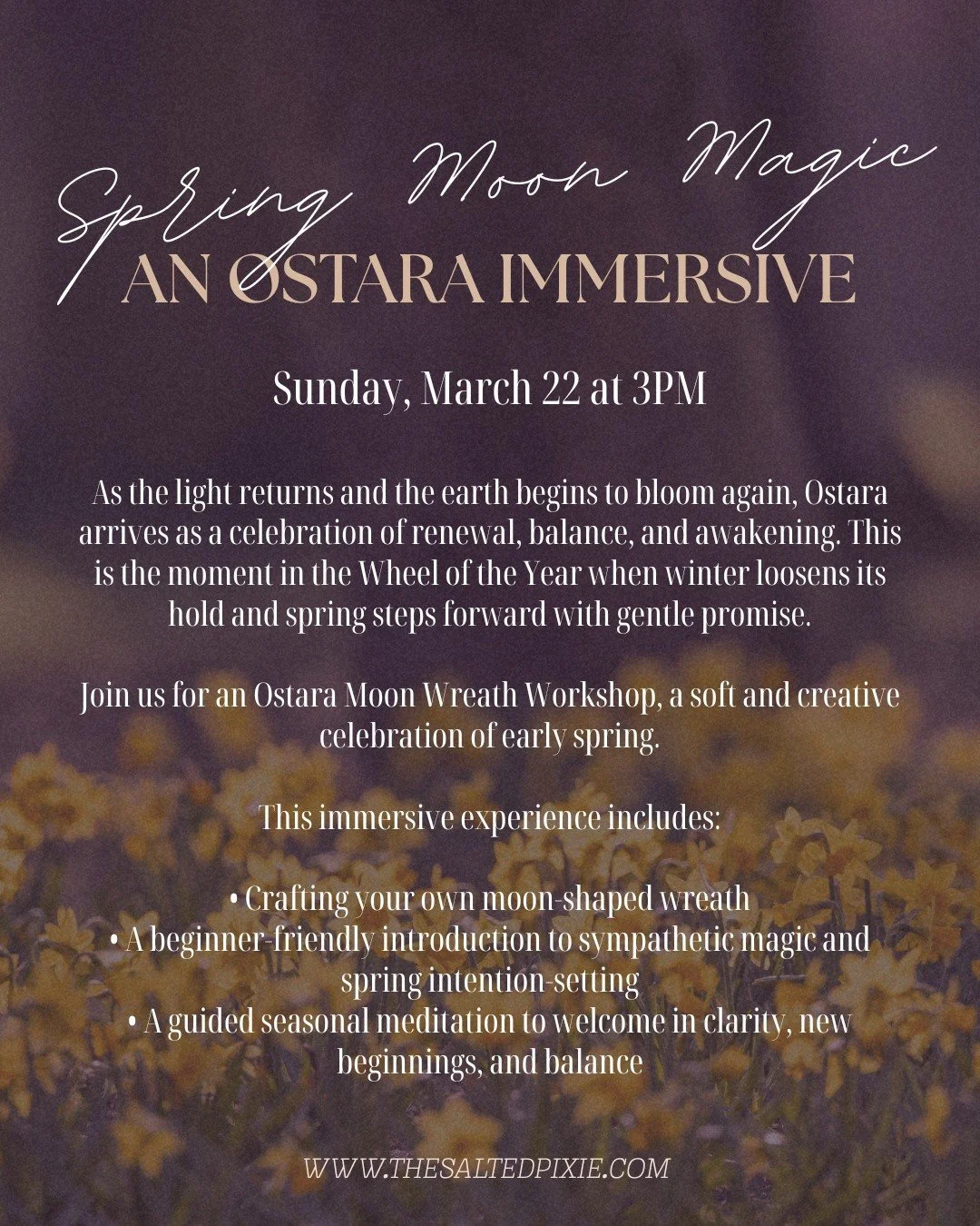 ✨ One spot just opened ✨

Join us tomorrow for our Ostara Immersive &mdash; a gentle, magical afternoon of crafting your very own moon wreath, intention-setting, and seasonal renewal.

These gatherings tend to fill quickly, and this is the last avail