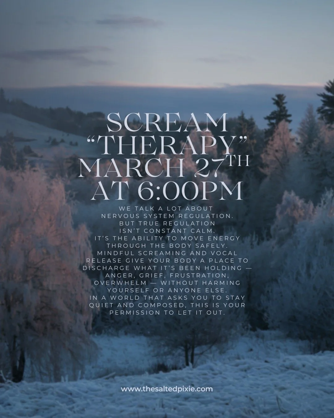 You don&rsquo;t need to stay calm all the time.

Read that again.

Your nervous system doesn&rsquo;t heal by being quiet&mdash;it heals by completing what it started.

Scream Therapy is where you get to:
-release what&rsquo;s been stuck
-move energy 