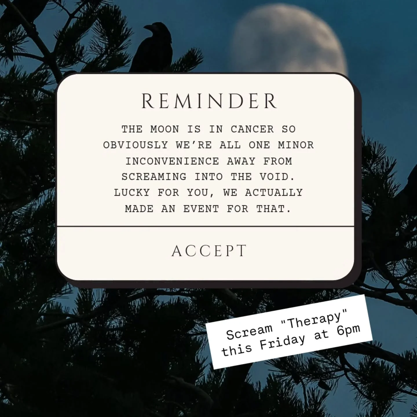 The moon is in Cancer, emotions are high, and we&rsquo;re gathering this Friday to scream into the void.

A little dramatic? Maybe.
Necessary? Definitely.

Join us for Scream Therapy this Friday at 6PM &mdash; a safe space to release, regulate, and l