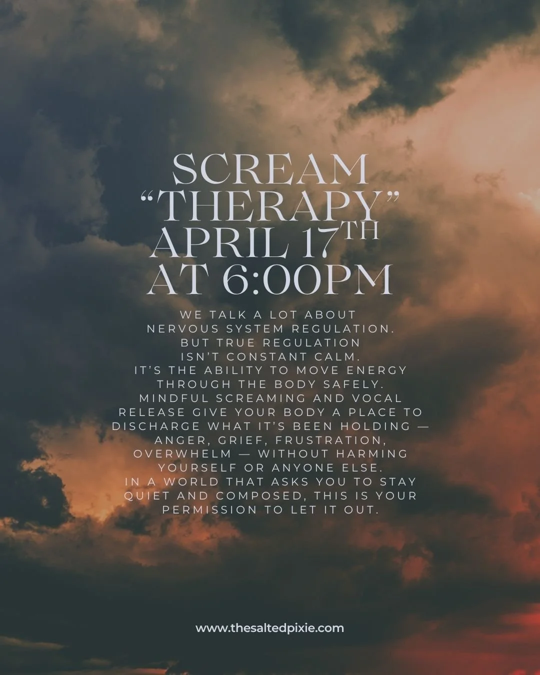 We talk a lot about nervous system regulation.

But true regulation isn&rsquo;t constant calm.

It&rsquo;s the ability to move energy through the body safely.

Mindful screaming and vocal release give your body a place to discharge what it&rsquo;s be