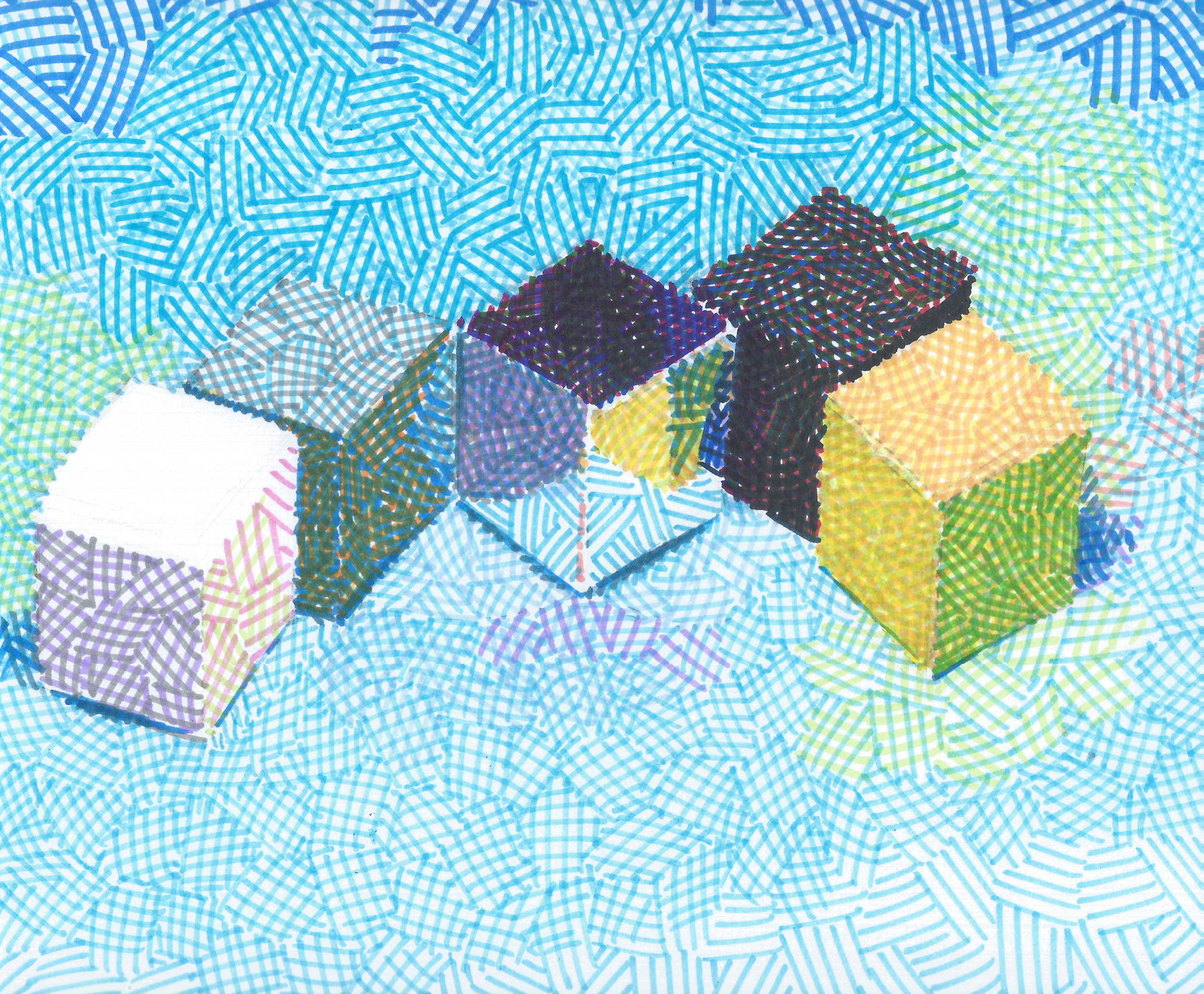 Four Colored and One Reflective Paper Cubes, 2014