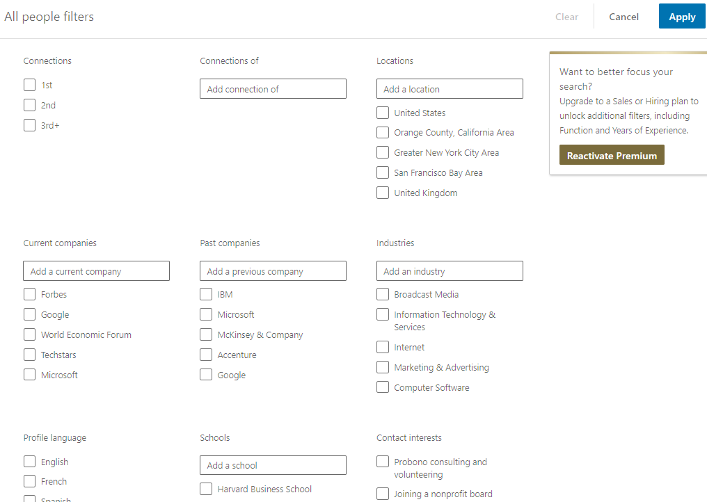 LinkedIn advance search feature