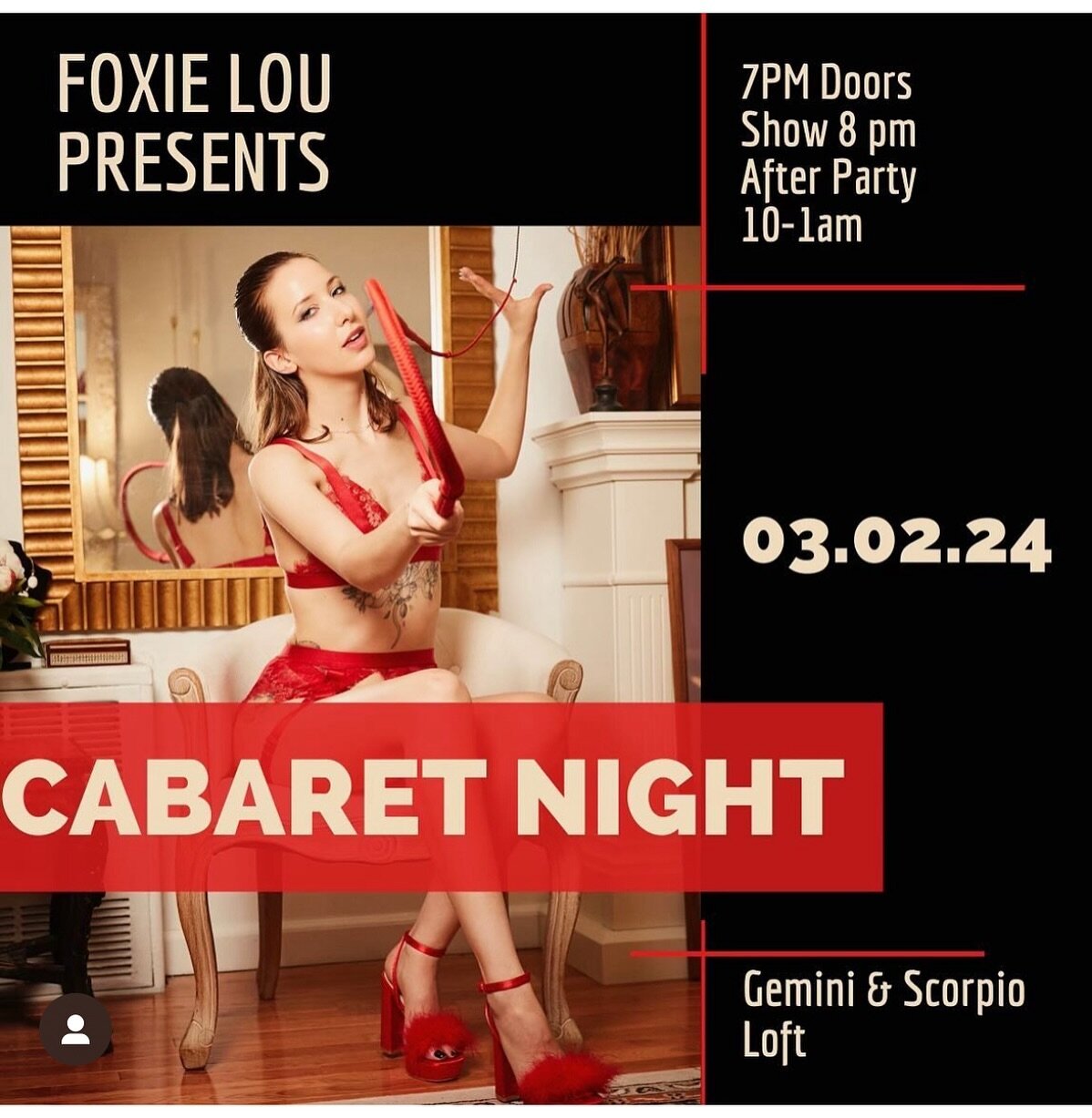 It&rsquo;s OFFICIAL!
NYC and BROOKLYN I&rsquo;m back for a short Philly minute!
I&rsquo;ll be joining the beautiful @ladyharpernyc on Saturday, March 2nd at @gemini_scorpio loft for a sexy fun Kinky Cabaret show produced by @mxfox_nyc 🌟❤️💞
 👉👉2 s
