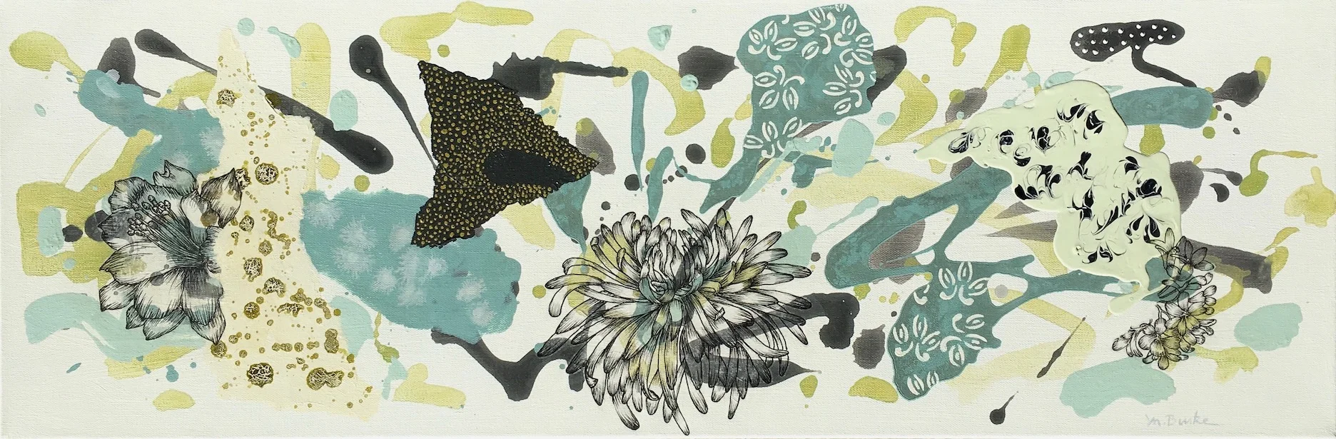 Mary Burke’s “Summer Day,” 12 x 36, acrylic, ink and other on canvas