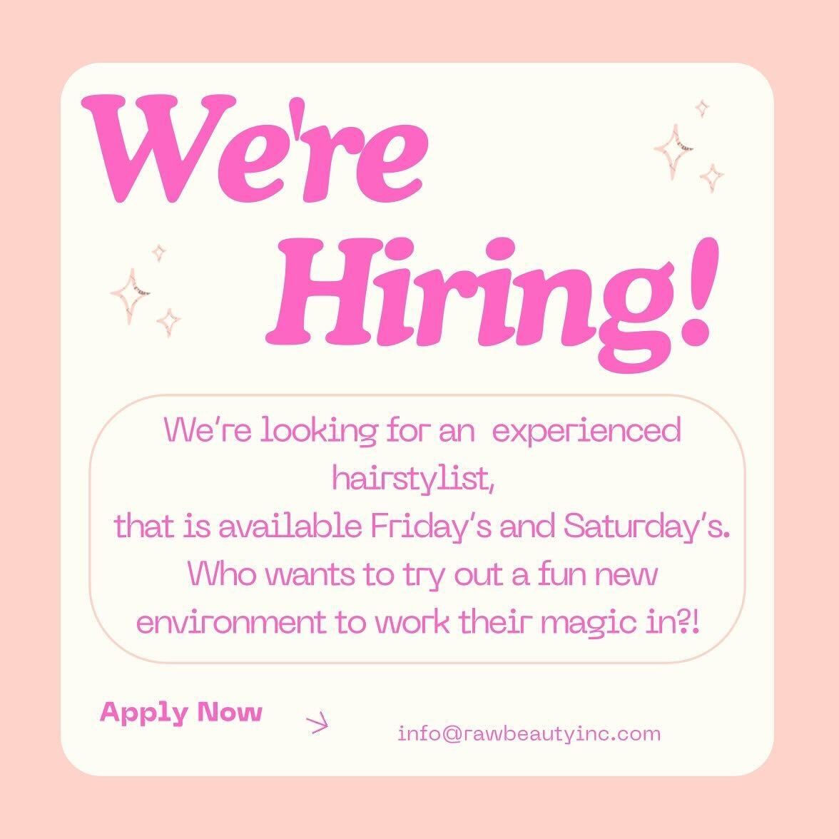 💇🏼&zwj;♀️✨ Calling all seasoned stylists 💇🏻&zwj;♂️✨
We&rsquo;re on the hunt for a talented stylist with 5+ years of experience to join our fun loving crew. If you are passionate about hair and looking to express your creativity in a new environme