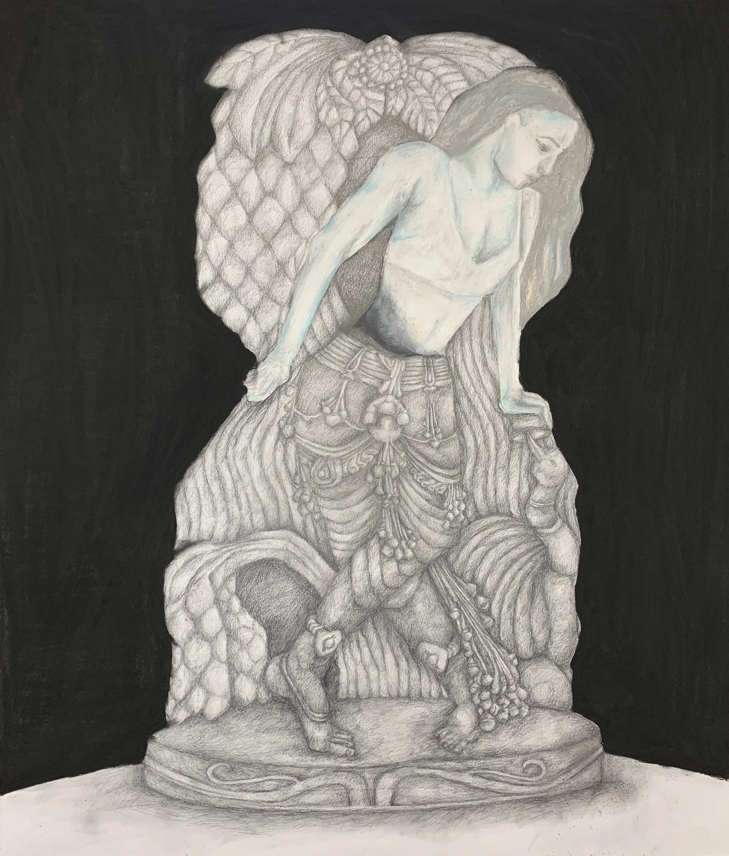 Apsara Ram, Shedding Stone , 2019. Charcoal and chalk pastel on white paper, 36” x 42”.