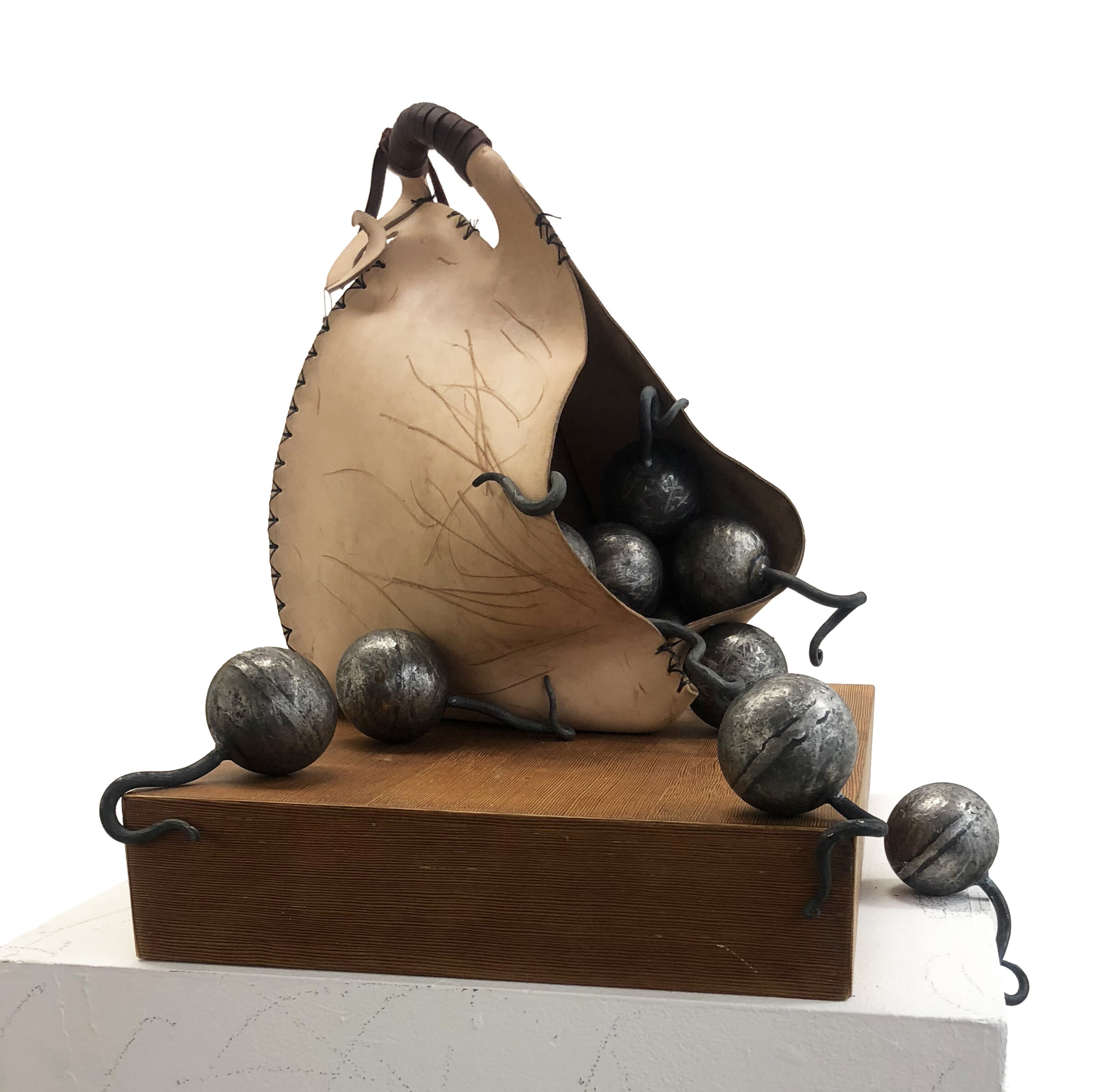 Scout Handford, "Present, Past, Future, Silent, Clairvoyant," 2019. Leather, wood, metal, glass, 12" x 18" x 10".