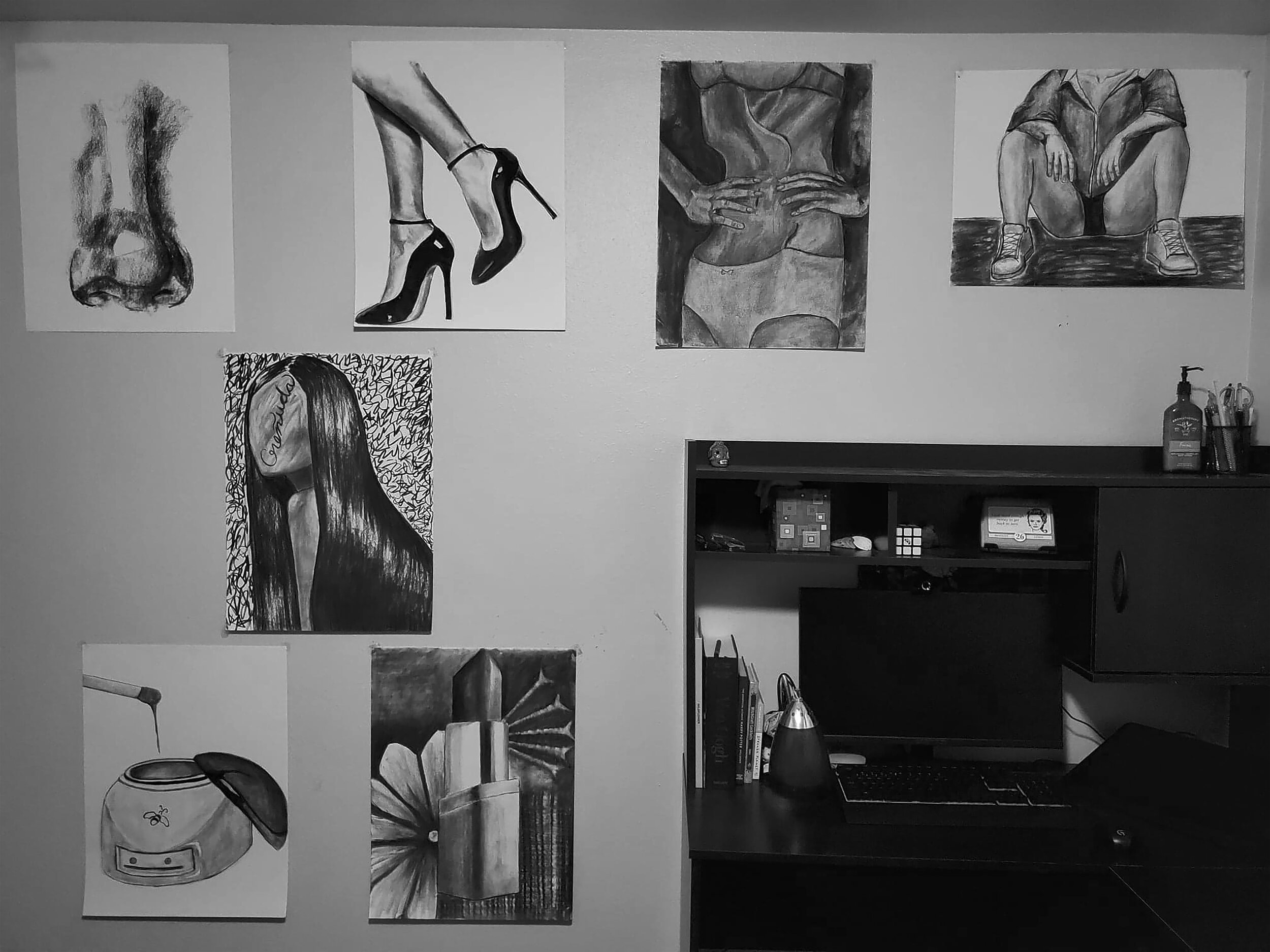 Nicole Chumpitaz, Invaded Space, Charcoal, 7 individual images 18 x 24 in. 