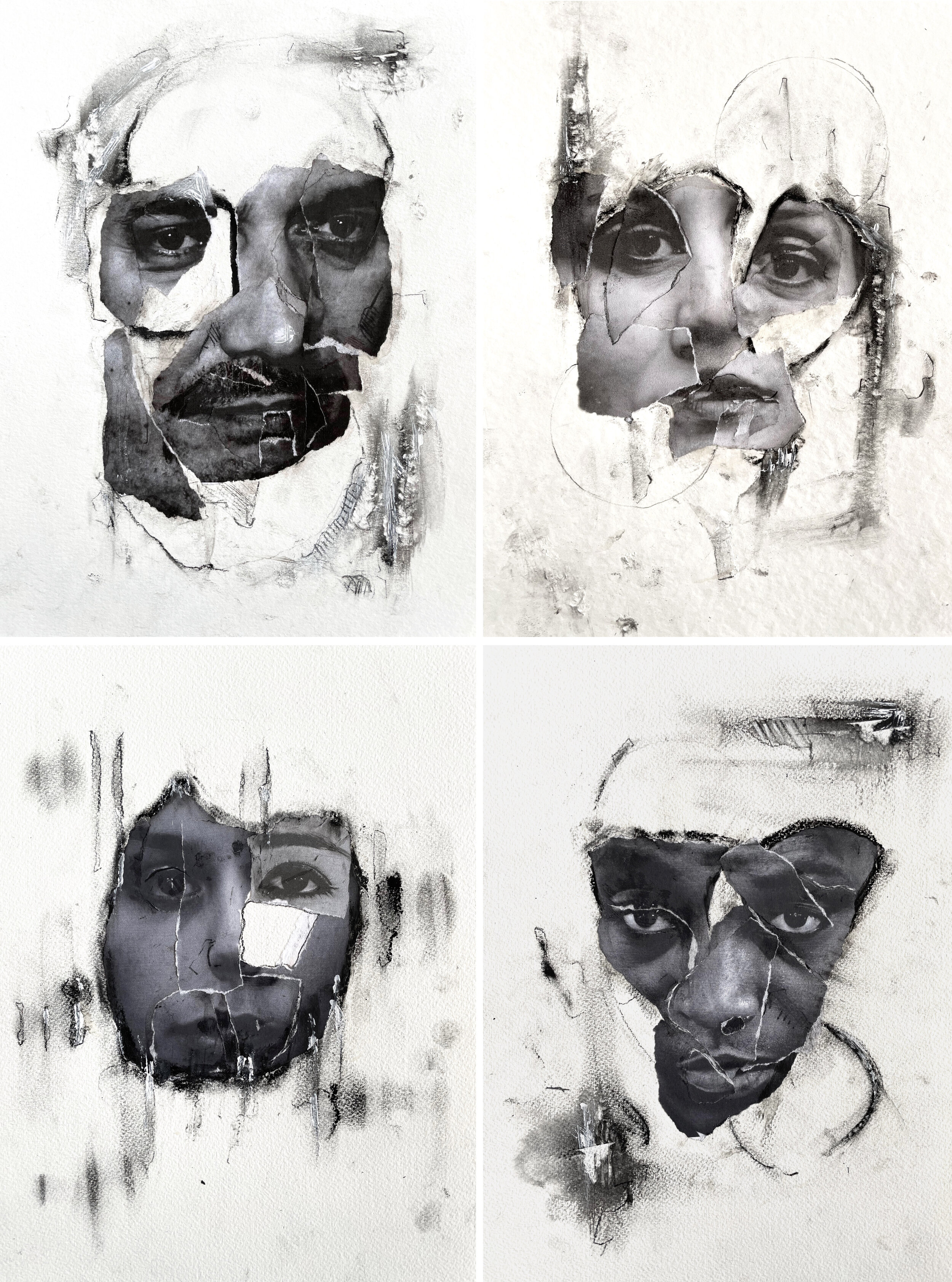 Benjamin Fedosky, It Starts with the Right Eye, 2021, inkjet print, charcoal, gesso, 12x9 (each)