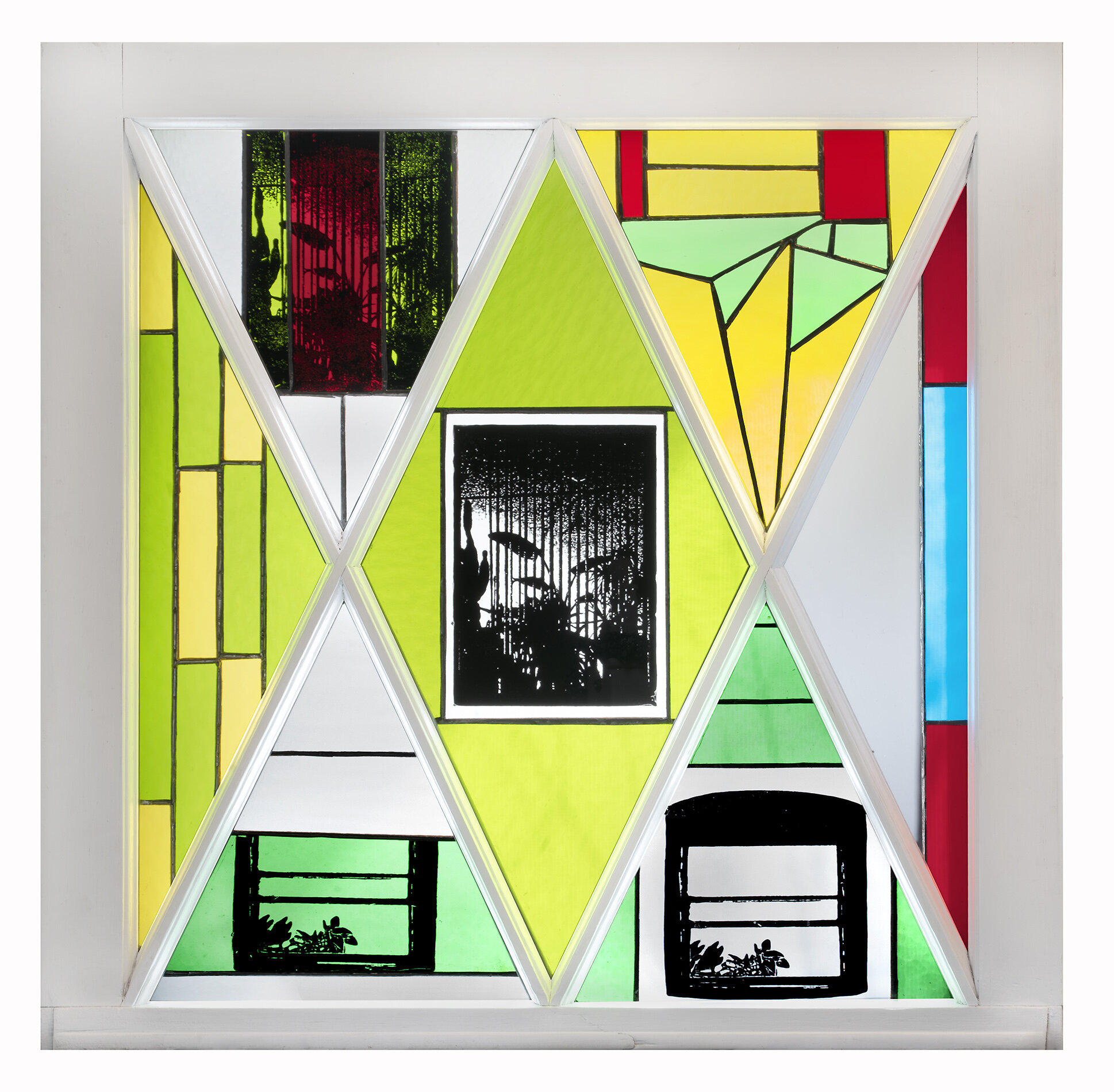  Maria Villanueva, OnLooker, 2021. Stained Glass and Screen Print on Glass, 24in x24in 