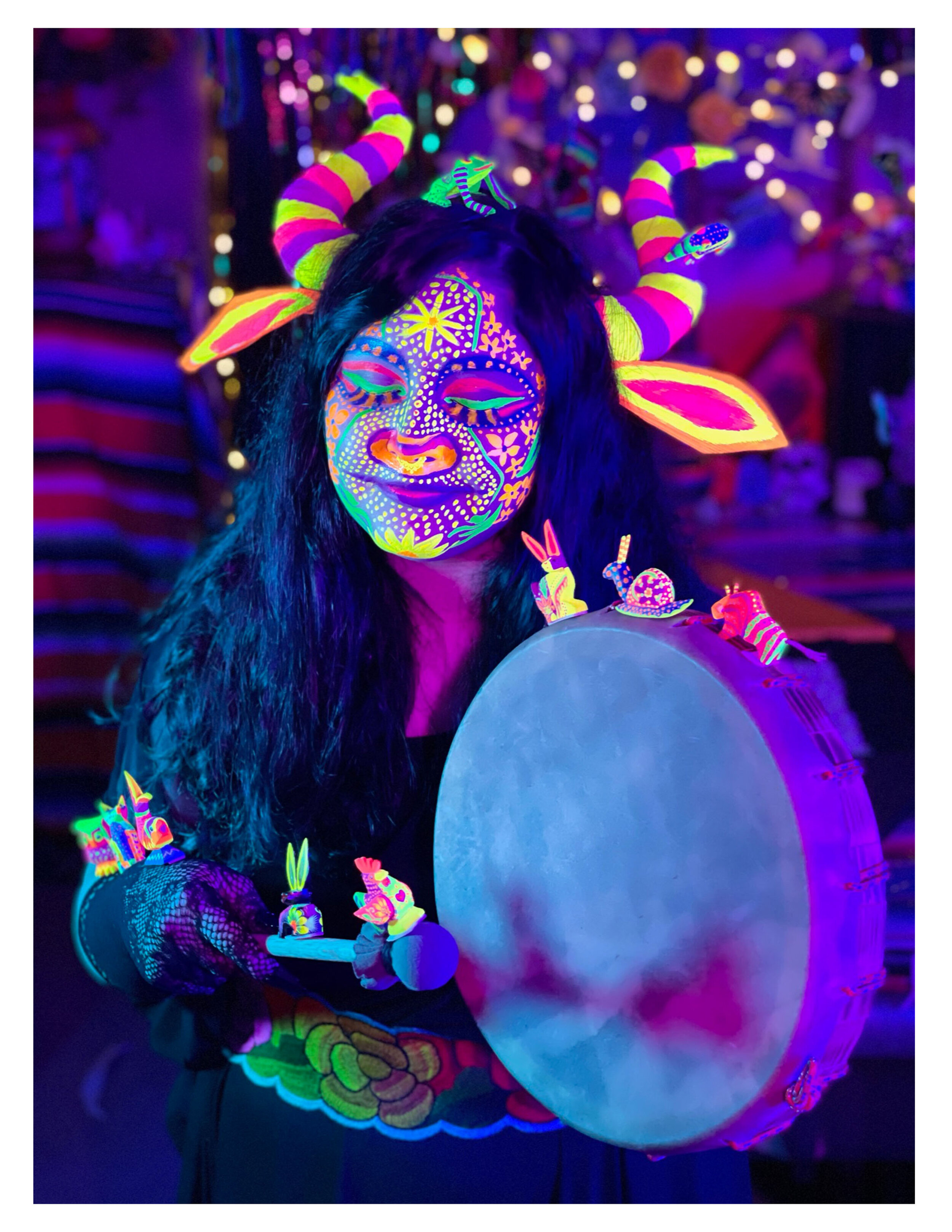 Brittany Aguilera, Alebrije Máscaras, 2021. Makeup art, alebrijes painted in gouache, corn husk masks. Photo Credit: Tatiana and Alex Aguilera