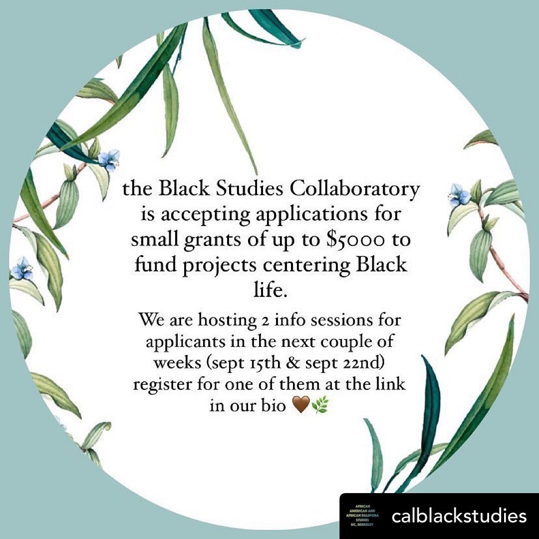 Excited to share this opportunity for Small Grants from The Black Studies Collaboratory @calblackstudies! Recent Art Practice recipients of this award include @erica_deeman (MFA&rsquo;22) and @kavilier (MFA&rsquo;22) 💥💥💥 Deadline: Sept. 30! Open t