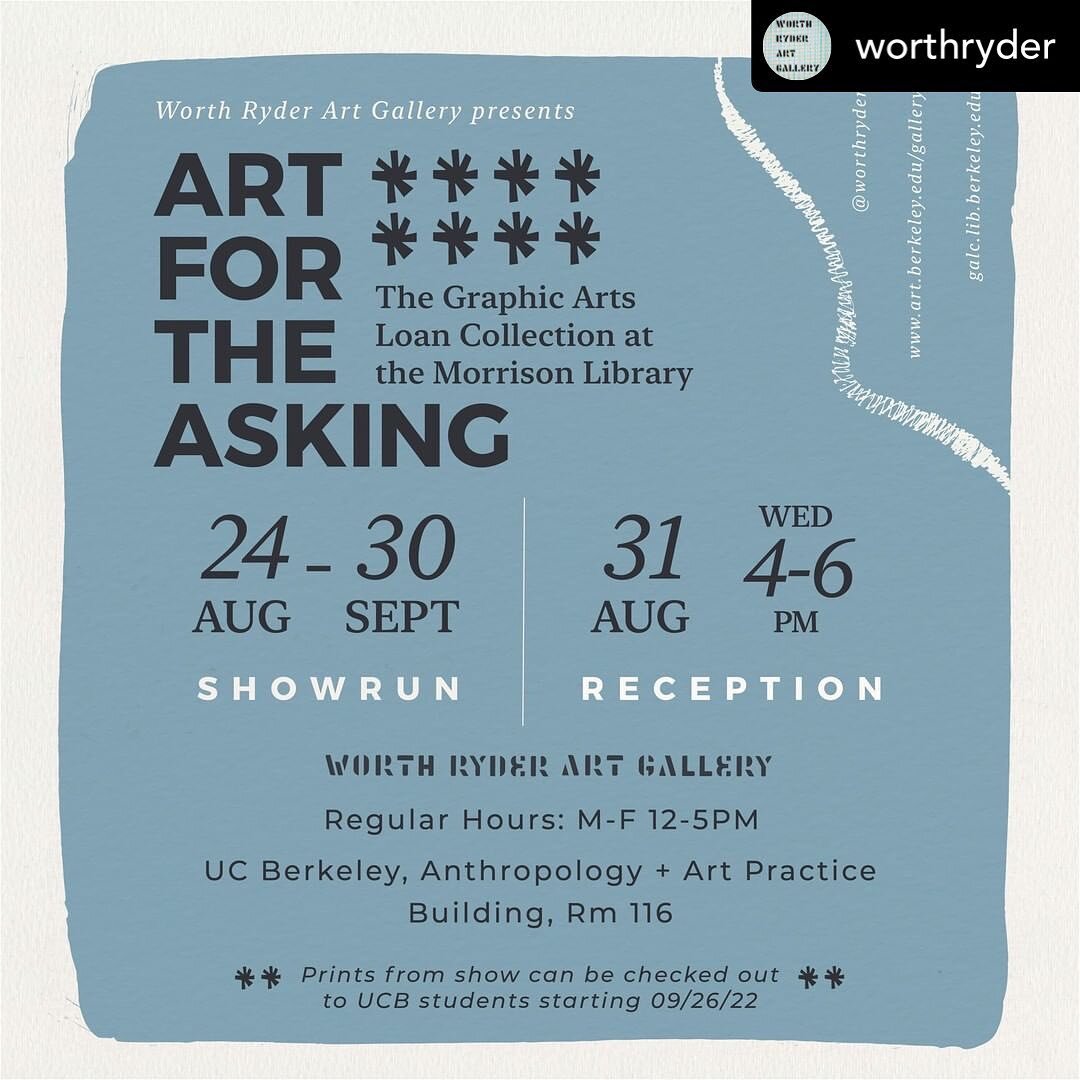 Posted @withrepost &bull; @worthryder New exhibit alert 🚨 Now open!

Come check out our first exhibit of the semester, &ldquo;Art for the Asking: The Graphic Arts Loan Collection at the Morrison Library&rdquo; in the Worth Ryder Art Gallery!

The Gr