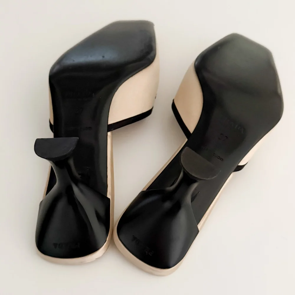 Prada Vintage Cream & Black Satin Bow Mule Heels (US 7 / IT 37