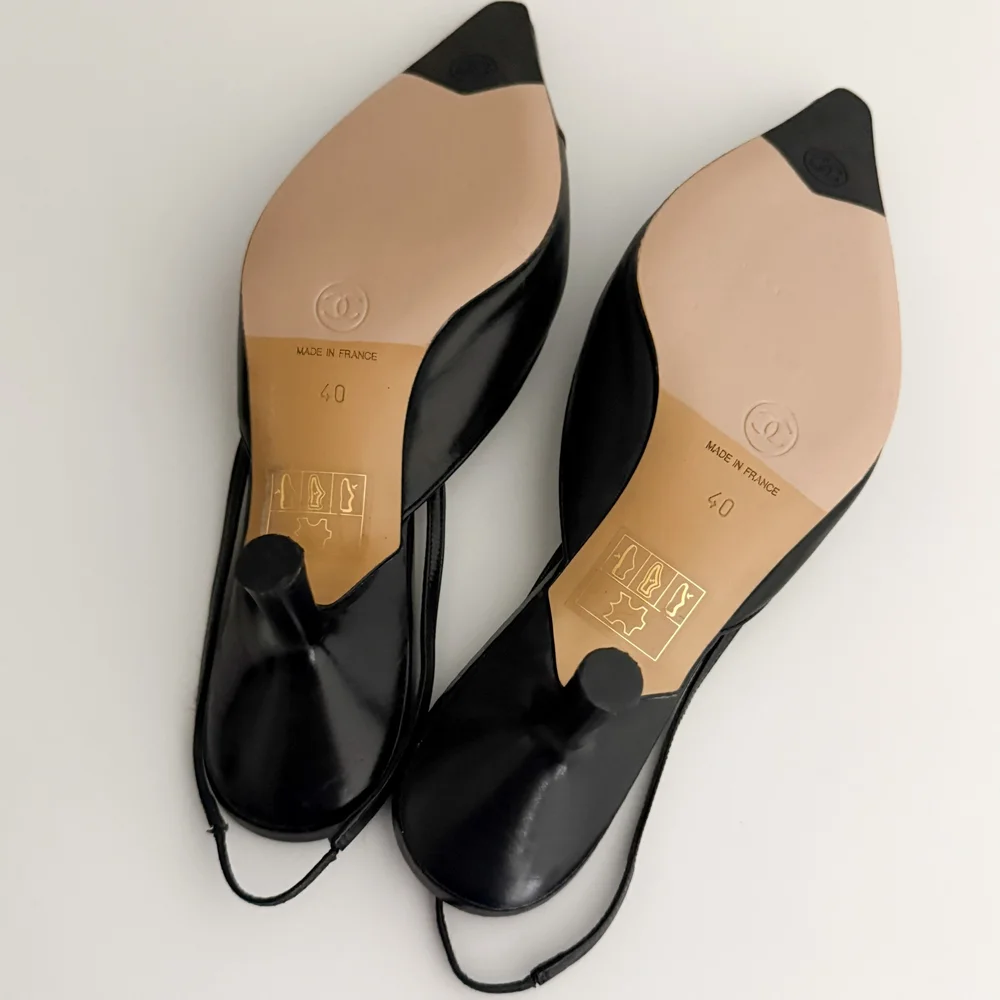 Chanel Iconic Vintage Black Toe Cap Leather Kitten Slingback Heels