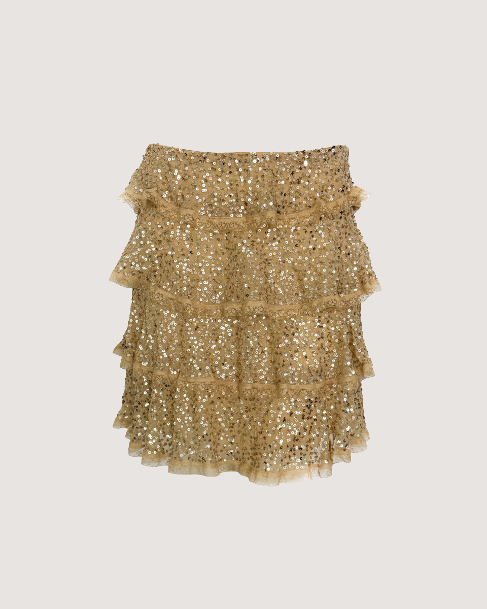 Blugirl Blumarine 100% Silk Golden Sequin Ruffled Mini Skirt (Small)