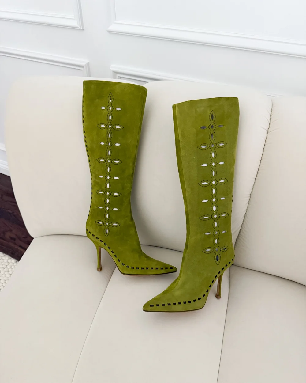 Jimmy Choo Green Suede Cut Out Knee High Boot Heels (US 7.5