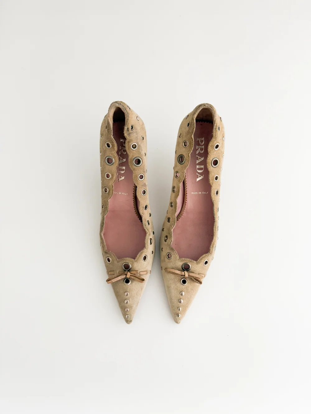 Prada Vintage Iconic Beige Suede Eyelet Heels (US 7 / IT 37