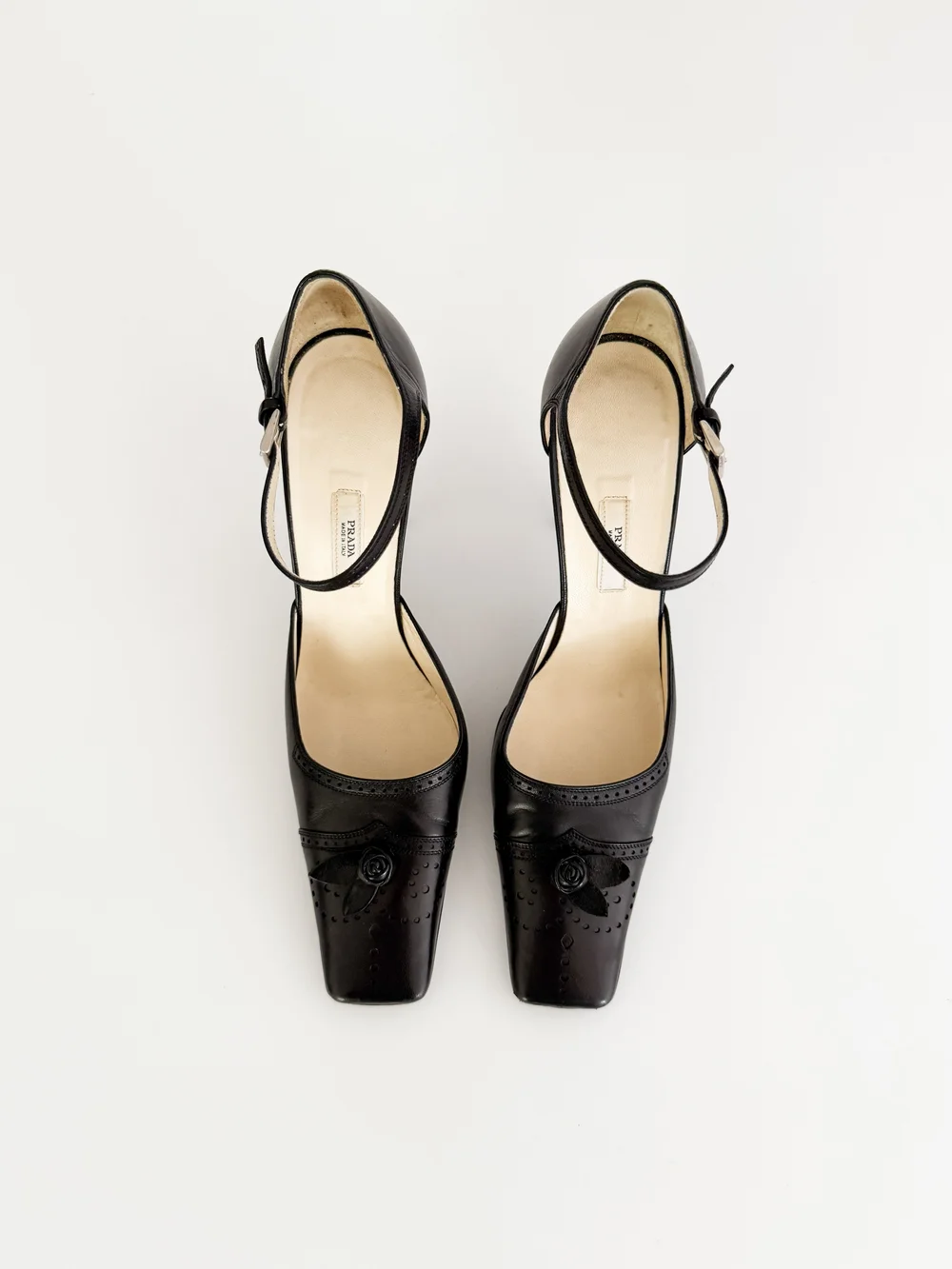 Prada Vintage Black Leather Rosebud Ankle Strap Heels (US 9