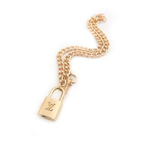 Gold Lock and Key Fob Necklace, Gold LV Lock and Key Vintage Round