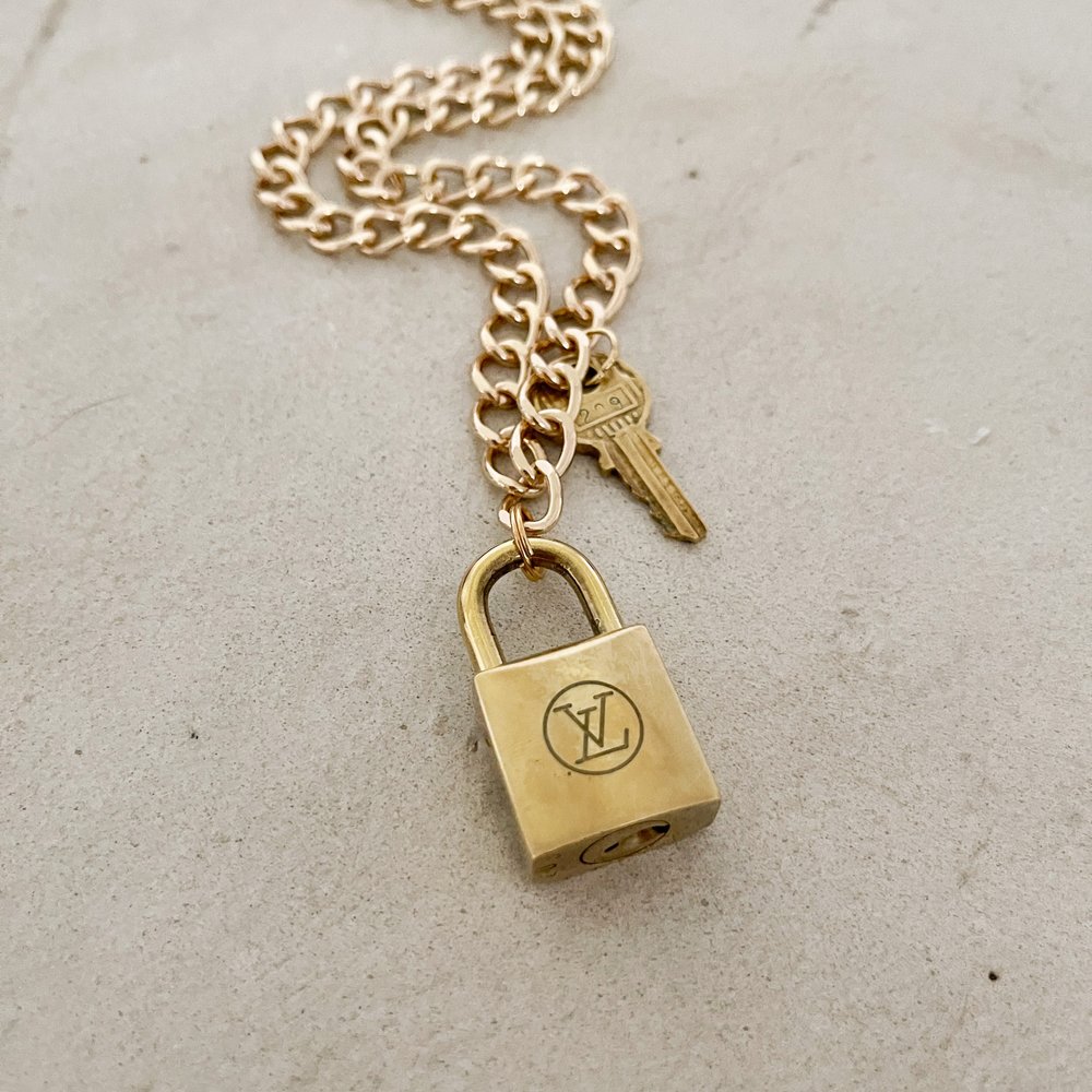 Vuitton Vintage Distressed Engraved Lock & Key Repurposed Necklace —