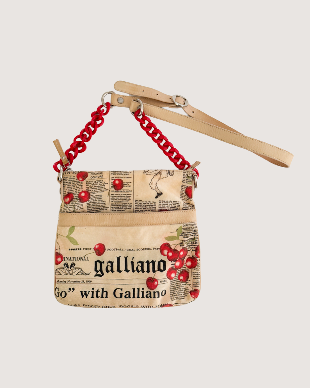 Galliano ジョン・ガリアーノ 新聞柄 ボストンバッグ クロコ型押し風 John Galliano Iconic Gazette Cherry Chain Link Purse — sororité.