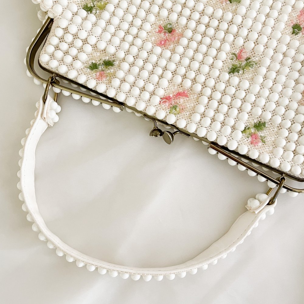 Vintage Floral Bead Purse/ Beaded Bag/ 1950s Purse/ Vintage 