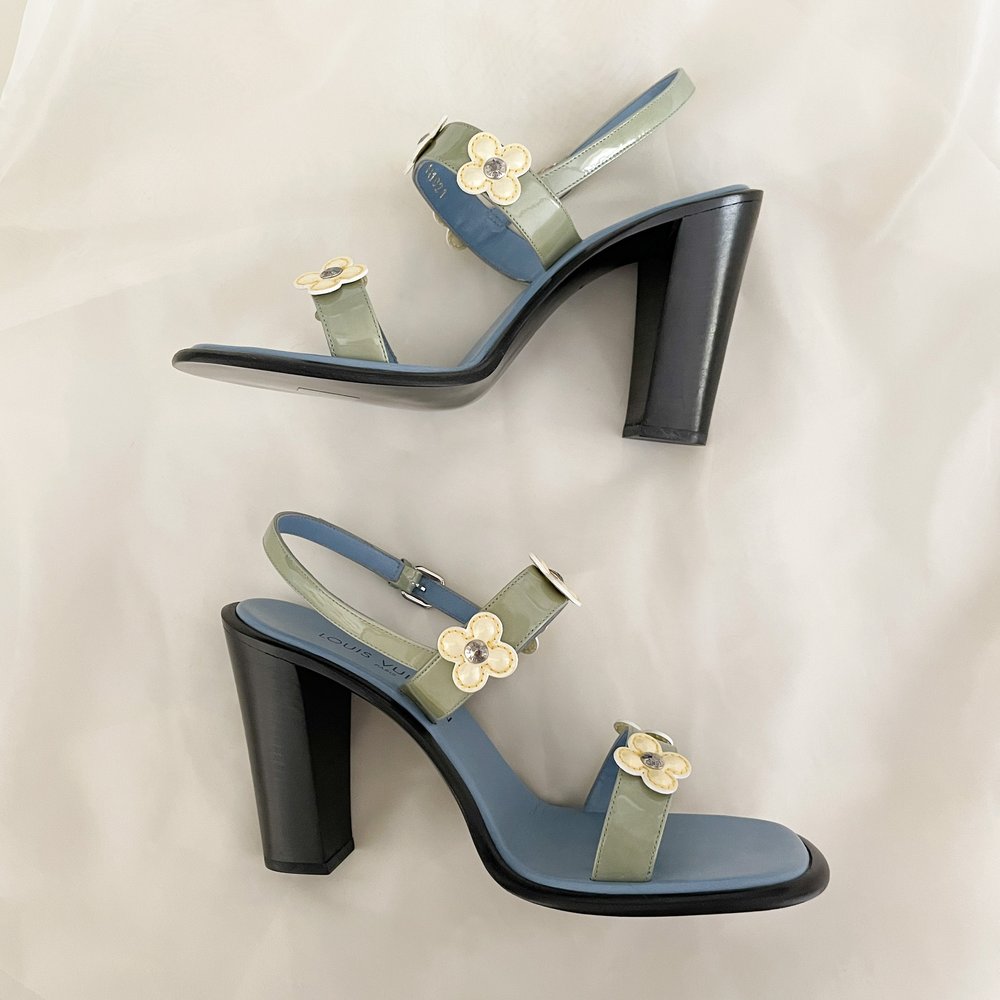 Louis Vuitton Iconic Blue Flower Sandal Heels (IT 40 / US 9) — sororité.