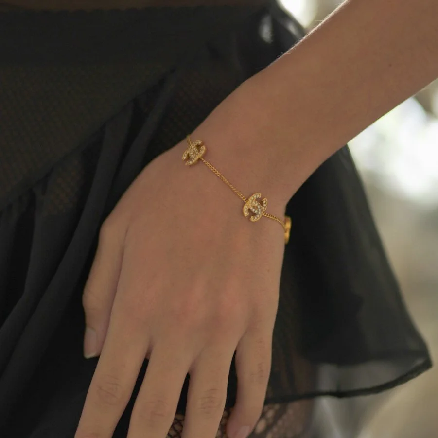 Chanel RARE Vintage 1982 Rhinestone Logo Charm Bracelet