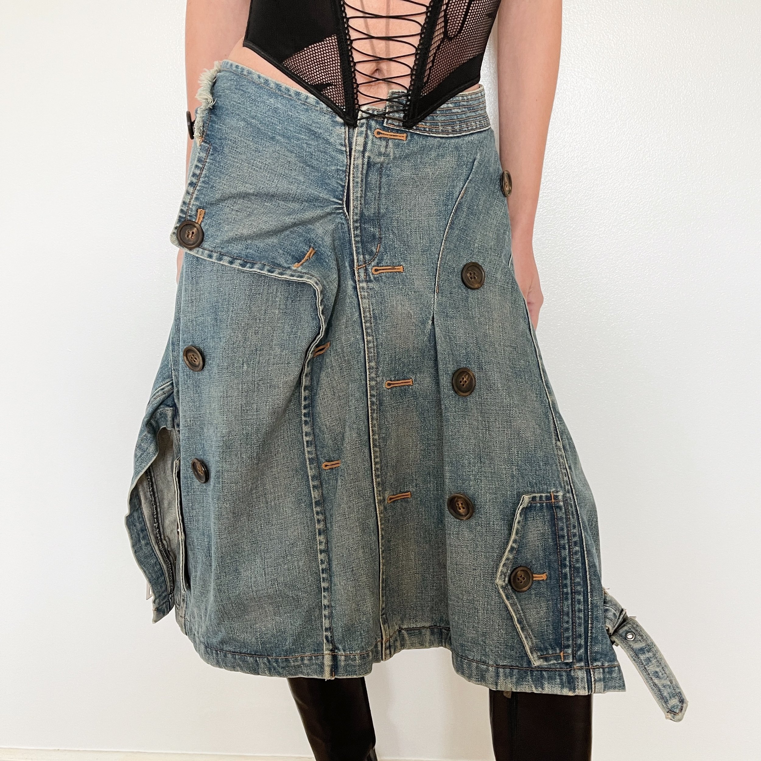 Junya Watanabe Comme des Garçons Deconstructed Designer Denim Midi Skirt  XS M — sororité