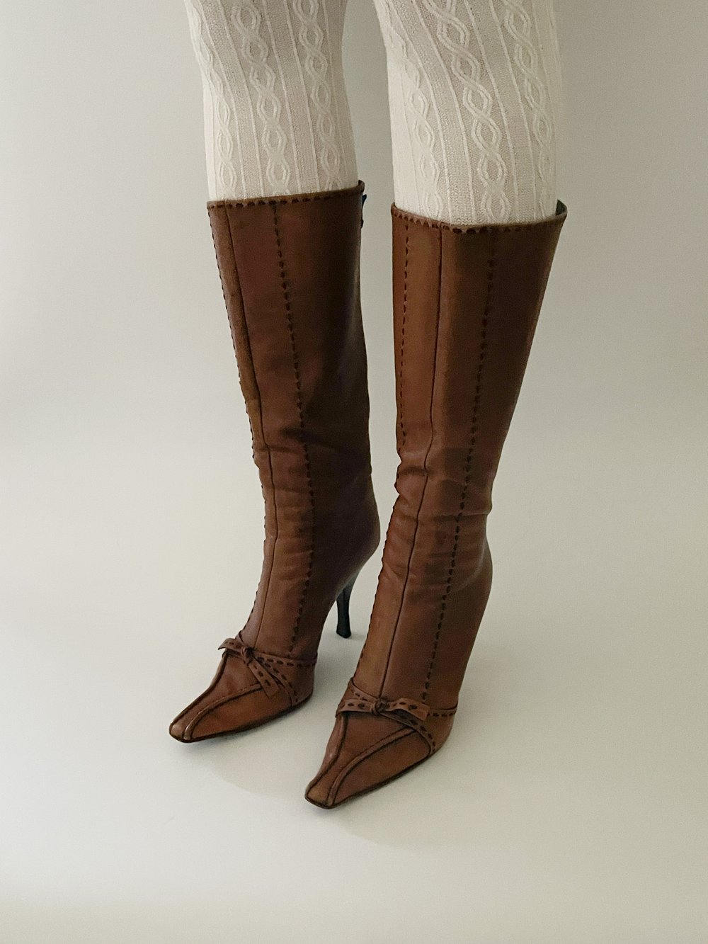 Prada Vintage Brown Leather Stitched Bow Boots (IT ) — sororité.