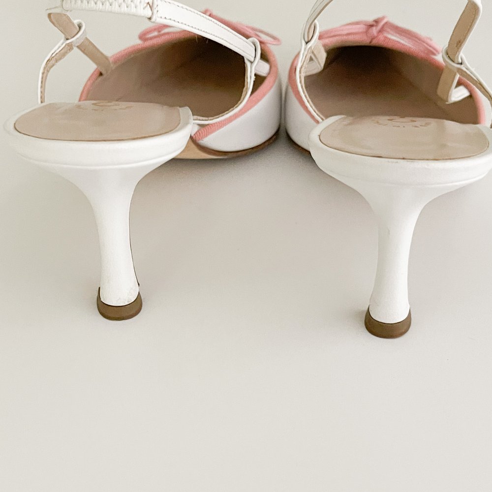 Chanel Iconic CC Pink & White Toe Cap Bow Slingback Kitten Heels (US  8-8.5 / IT 39) — sororité.