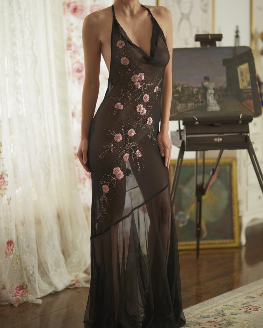 The Sororité Collection: Chic Black & Pink Floral Beaded Sheer Tied Halter  Gown (Medium) — sororité.