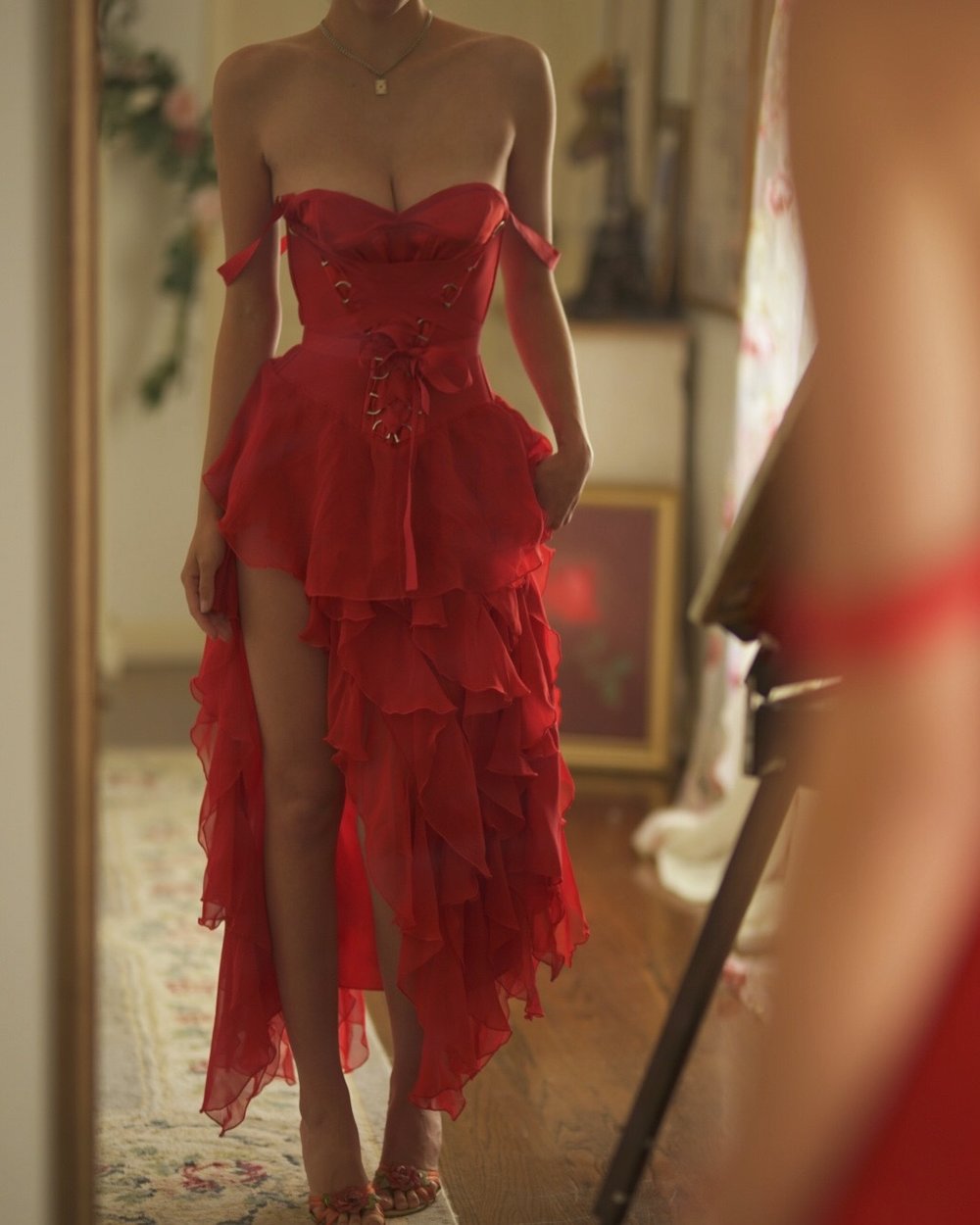 Rare Luxurious English Designer Red Ruffled Lace-Up Corset Bustier Dress  (S-M) — Sororité.