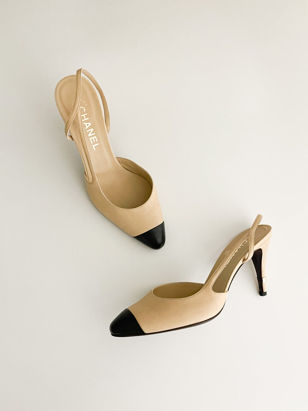 Chanel Iconic Two-Tone Toe Cap Slingback Heels (Us 7.5 - 8 / It 38) —  Sororité.