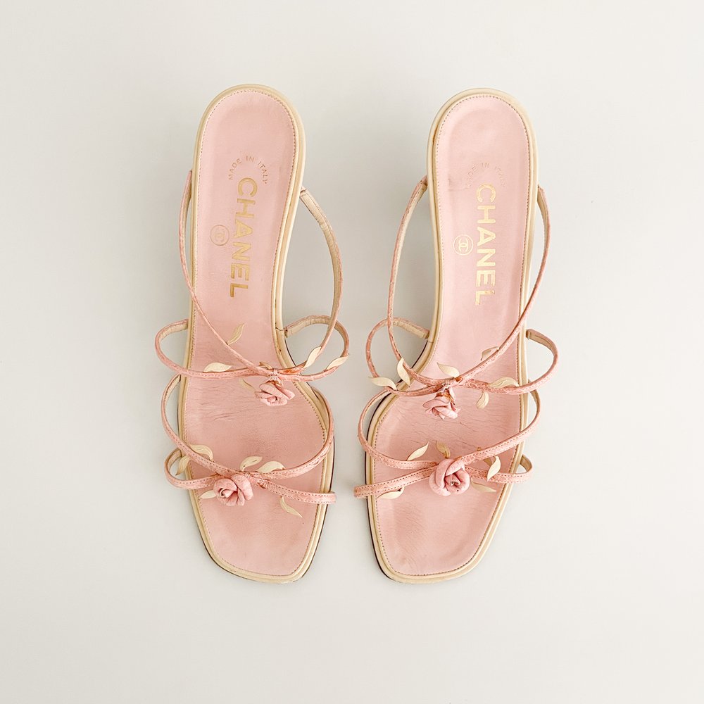 Chanel Iconic Pink Rosebud Sandal Heels (US 7 / IT 37) — sororité.