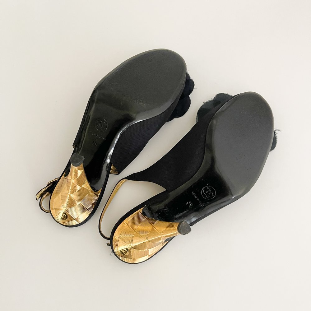 Chanel Iconic Camellia Black & Gold CC Slingback Heels (US 8.5 / IT 39) —  sororité.