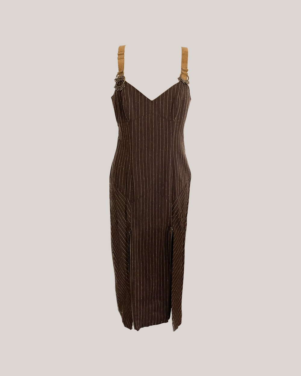 NWT John Galliano F/W 2004 Chic Brown Pinstripe Zipper Dress (M-L) —  sororité.