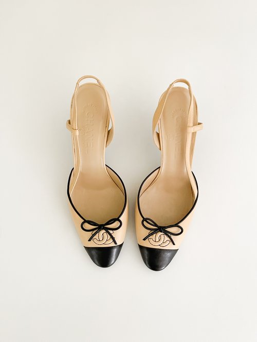 Chanel Iconic Camellia Black & Gold CC Slingback Heels (US 8.5