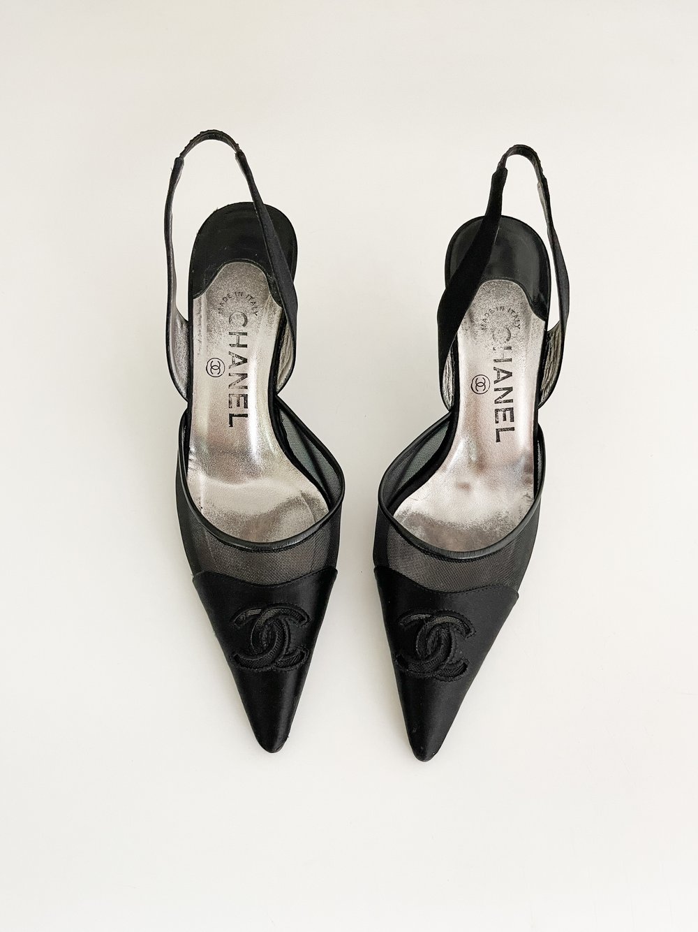 Chanel Iconic CC Black Mesh Slingback Heels (US 7 / IT 37) — sororité.