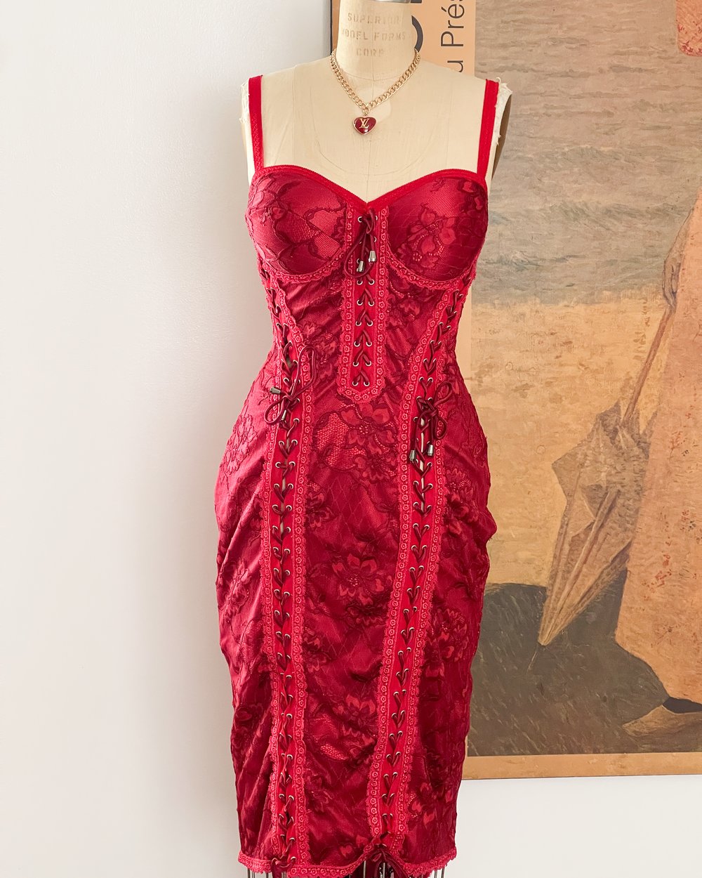 RARE Luxurious English Designer Red Lace-Up Bustier Corset Dress