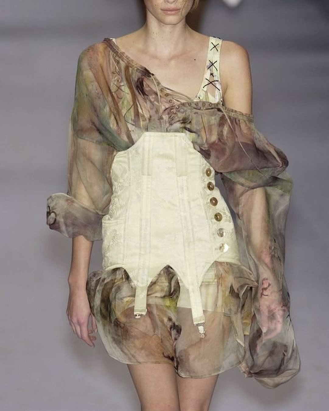 incoming at sororit&eacute; 🩰 which look is your favorite &mdash; a Jean Paul Gaultier S/S 2004 Edgar Degas ballerina mini dress (this print was shown on several garments throughout the runway collection), Ralph Lauren S/S 2003 floral skirts, a Ralp